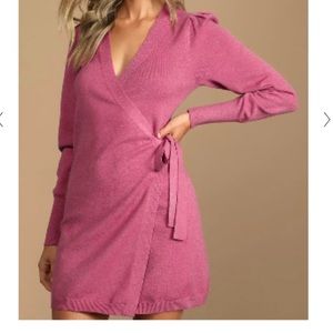 Lulus Pink Wrap Sweater Dress, Size L, NWT